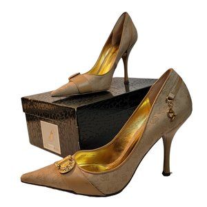 Baby Phat Y2K Stilettos Size 7 Logo Print Nude Camel High Heel Pumps Kimora Lee